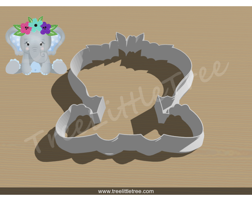 Sitting Elephant With Floral Crown Cookie Cutter. Animal Cookie Cutter