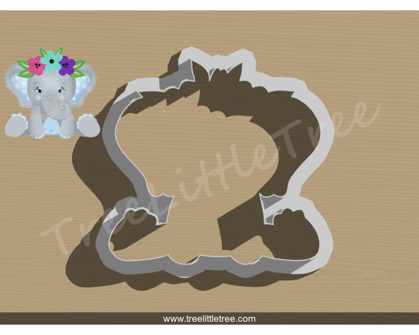 Sitting Elephant With Floral Crown Cookie Cutter. Animal Cookie Cutter