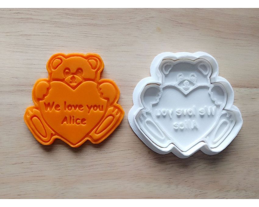 Personalized Teddy Heart Cookie Cutter and Stamp Set