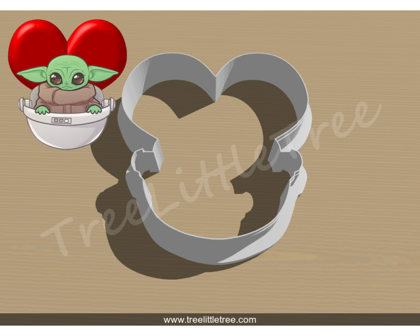 Baby Yoda In Heart Spaceship Cookie Cutter. Star War Cookie Cutter. Valentine's Day Cookie Cutter